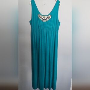 Y2K Faded Glory Babydoll Maxi Dress Women’s Size XL 16-18 Turquoise Knit Beaded
